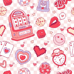 Lucky in Love Seamless Pattern, Trendy 90s Valentine Digital Paper, Y2K Valentine Repeat Pattern Design Vector