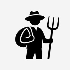 Black silhouette icon of a farmer wearing a hat, carrying a sack, and holding a pitchfork, representing agriculture.