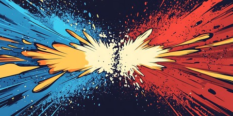 Abstract illustration of a blue and red explosion with yellow accents on a dark background