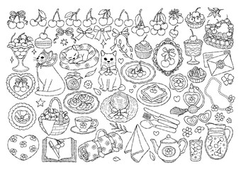 Coquette Cherries Collection Outline Vector, Valentine Cherries and Cat Line Art Doodle, Girly Valentine Picnic Coloring Page Hand Drawn Design