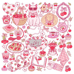 Coquette Cherries Collection Vector, Valentine Cherries and Cat Doodle, Trendy Girly Valentine Picnic Hand Drawn Design Vector