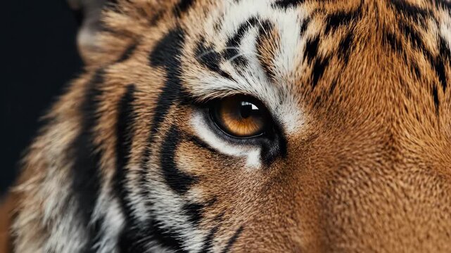 Closeup of a tiger's eye showcasing intricate patterns and vibrant amber coloration in high detail
