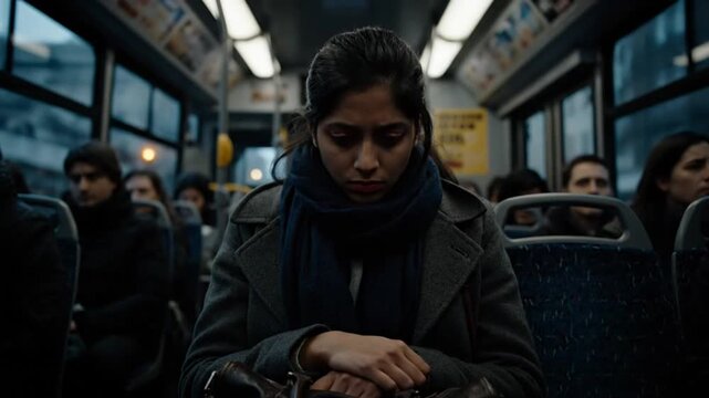 Melancholy woman riding public transit, deep in thought, surrounded by other passengers during a commute