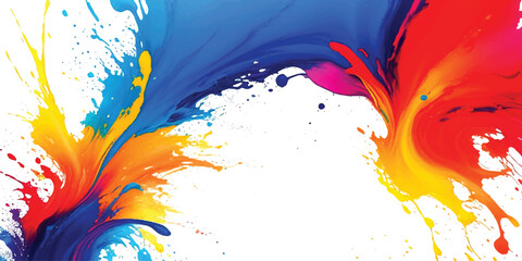 Vibrant Abstract Paint Splash Background  Dynamic Blue, Red, Yellow, and Orange Liquid Strokes with Expressive Motion and Artistic Splatter on Clean White, Ideal for Modern Creative Design, Branding, 