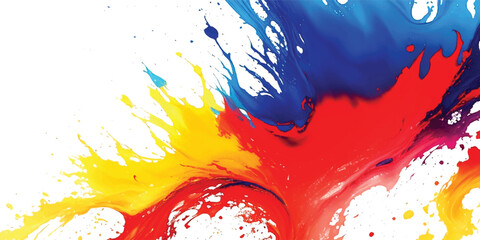 Vibrant Abstract Paint Splash Background  Dynamic Blue, Red, Yellow, and Orange Liquid Strokes with Expressive Motion and Artistic Splatter on Clean White, Ideal for Modern Creative Design, Branding, 