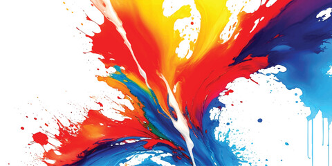 Vibrant Abstract Paint Splash Background  Dynamic Blue, Red, Yellow, and Orange Liquid Strokes with Expressive Motion and Artistic Splatter on Clean White, Ideal for Modern Creative Design, Branding, 