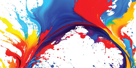 Vibrant Abstract Paint Splash Background  Dynamic Blue, Red, Yellow, and Orange Liquid Strokes with Expressive Motion and Artistic Splatter on Clean White, Ideal for Modern Creative Design, Branding, 