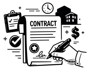 Hand drawn line art illustration of a business contract depicting a hand signing an agreement for real estate transactions