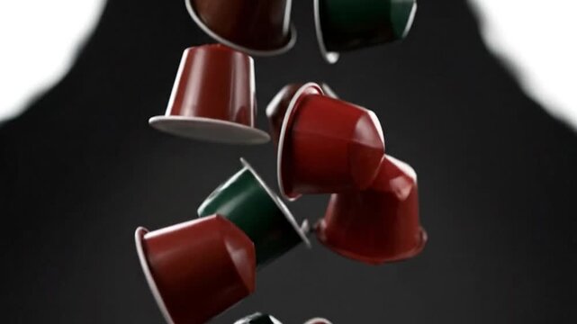 A scattering of red and green coffee pods against a dark, moody background