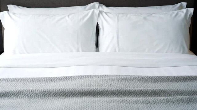 A neatly made bed with white pillows and sheets, covered by a grey blanket