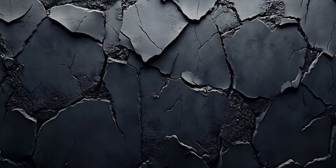 Close up of a dark gray cracked surface with uneven edges and rough texture for background use