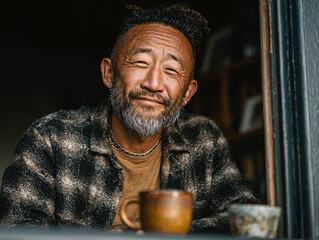 a man wearing a plaid shirt, sitting at a table with two cups in front of him. The background appears to be a dark room with a window.