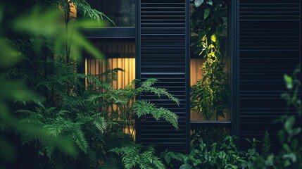 Verdant plants surround a window with dark shutters.