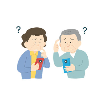 スマホ操作に困っているシニア男女のイラスト