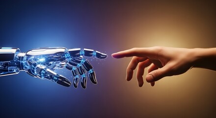 AI Robot Hand Touching Human Hand, Future Technology Concept