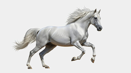 Obraz premium A majestic white horse running freely in an open field, captured from a dynamic side viewpoint
