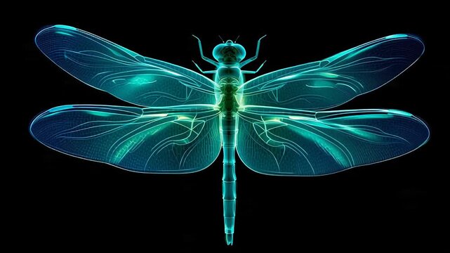 Stunning blue dragonfly with glowing wings on black background