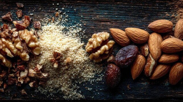 Roughly chopped walnuts and almonds on dark wooden surface