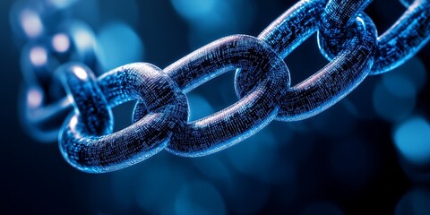 Close up of a blue chain with digital pattern against a dark blue and black gradient background