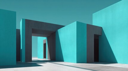 Outdoor architecture designed with audacious color blocking bold turquoise walls contrasted by matte charcoal structures Professional framing isolates