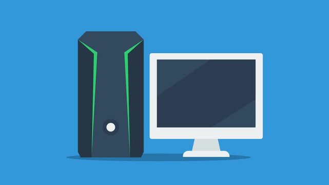 Gaming pc setup appearing on blue background animation