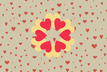 Floral Mandala of Red Hearts with Golden Glow on Patterned Background