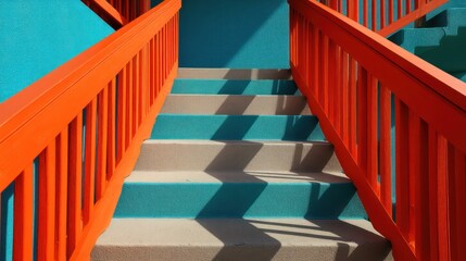 Outdoor staircase alternating neon orange and turquoise perspective sharply framed sunlight enhancing contrast shadows clean and angular background