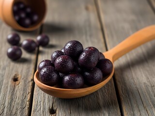 Blueberries in Wooden Spoon on Rustic Table