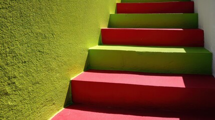 Outdoor staircase painted alternating lime green and deep crimson sunlight casting strong shadows surfaces sharp and spotless background