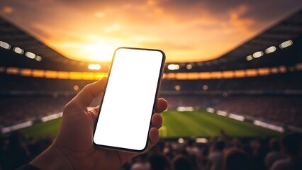Smartphone in a stadium at sunset with a blank screen