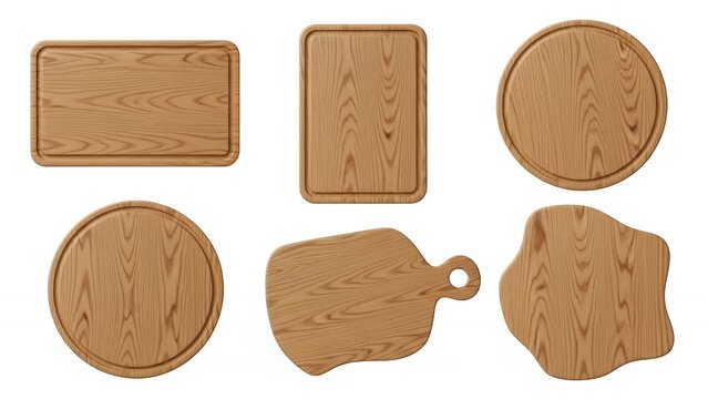 Assortment of Natural Wooden Cutting Boards in Various Shapes and Sizes Isolated on White Background