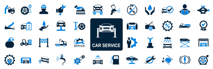 Set of Car Service Vector Icons With Blue Theme Featuring Automotive Maintenance Repair and Inspection Elements Isolated in White Exactly 200 Characters