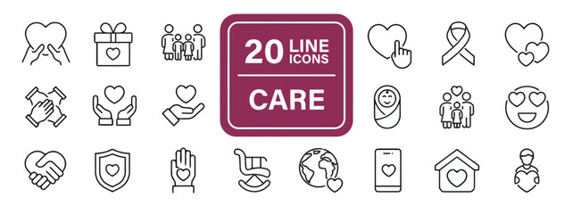 Set of Care Line Icons for Health and Medical Design Vector Illustration on White Background Exactly 200 Characters