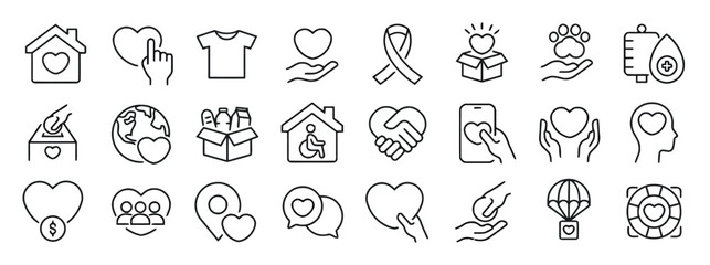 Set of Charity and Donation Line Icons such as Home, Heart, T-Shirt, Ribbon, Paw Print, Blood Transfusion, Globe, Wheelchair, Handshake, Smartphone, Parachute and Lifebuoy