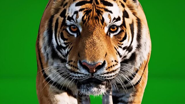 Majestic tiger charges forward with powerful stride on green screen