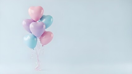 Bunch of pink, purple, and blue heart-shaped balloons floating against a light blue background. Minimalist concept for birthday or Valentine's Day