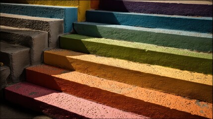 Outdoor stone steps transformed rainbow gradient stair painted complementary contrasting hues clean shadows falling across textured surfaces sunlight