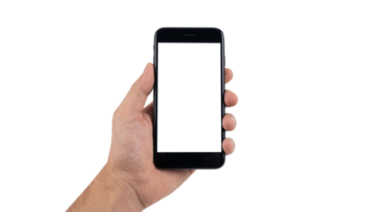 Male hand holding black smartphone vertically with blank white screen isolated on transparent background
