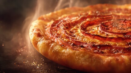 Pizza crust growing like tree rings, concentric golden layers radiating outward with caramelized accents, sharply defined textures in hyper-detailed