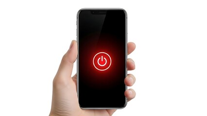 A hand holding a smartphone with a glowing red power button
