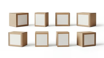 Obraz premium Small Kraft Cardboard Boxes with Blank White Labels on White Background