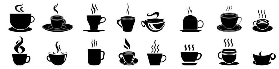 Obraz premium Set of coffee cup vector icon with steam espresso latte cappuccino mocha americano hot drinks beverage