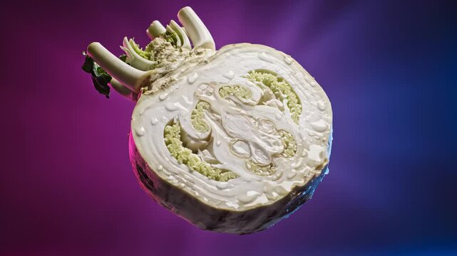 Close Up of Sliced Celery Root Rotating With Water Droplets