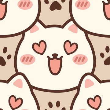 Excited Kawaii cat seamless pattern with big heart eyes and happy face