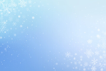 Winter background with white pattern of falling snowflakes. Vector light blue holiday sky with frosty crystals and stars. Christmas decorative border.