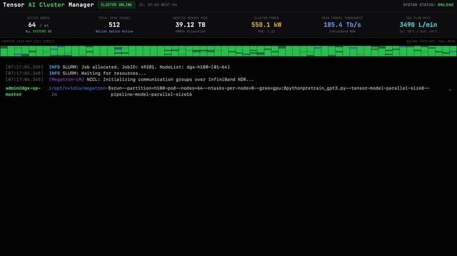 Terminal style compute cluster manager showing GPU nodes memory pool power usage activity bars and system logs on a black monitoring screen