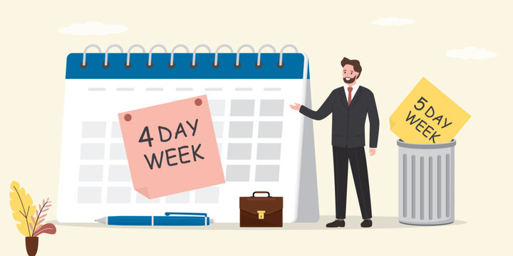 4 Day Work Week. Prioritise working smarter to produce better. Four day model for happy male employee. Reduce working day to increase efficiency and productivity.