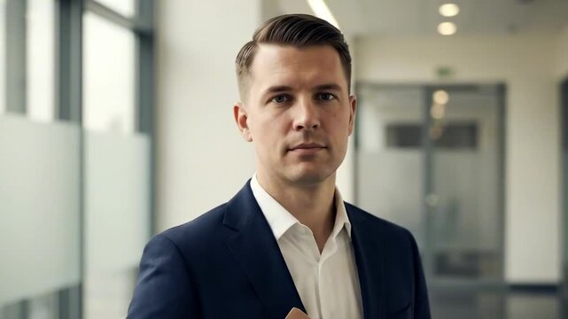 men short hair style | A professional man in a suit stands in a modern office corridor, holding a folder, with glass walls and sleek furnishings in the background, exuding confidence and focus