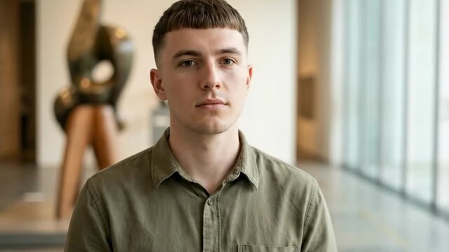 men short hair style | A young man with a stylish haircut holds a smartphone while gazing thoughtfully in a modern gallery filled with abstract sculptures in the background - Powered by Adobe