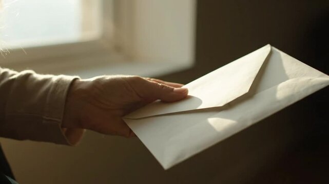 Close up view of a hand holding a white envelope in soft light near a window